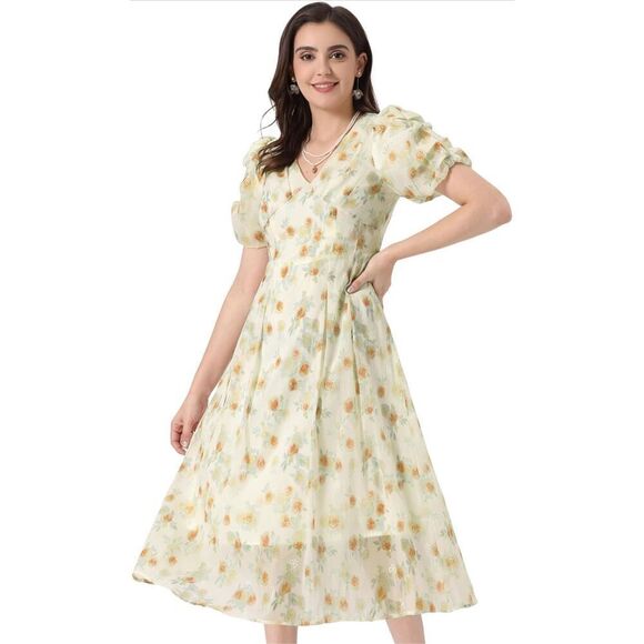 NEW Organza Puff Short Sleeve Cinched Waist Floral Dress S - Picture 1 of 8